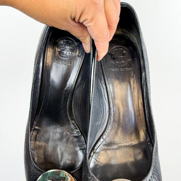 Tory Burch Sally Wedge Heels Peep Toe Black Silver - 9.5 - Picture 4 of 10